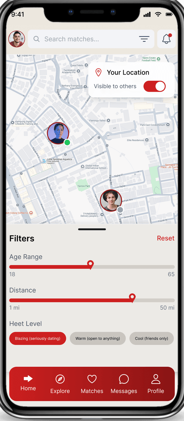 Heet app interface with filters